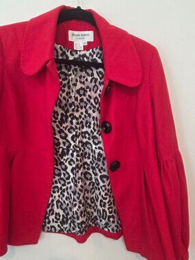 Helene Berman Red Peplum Jacket Bishop Sleeve Leopard Lined